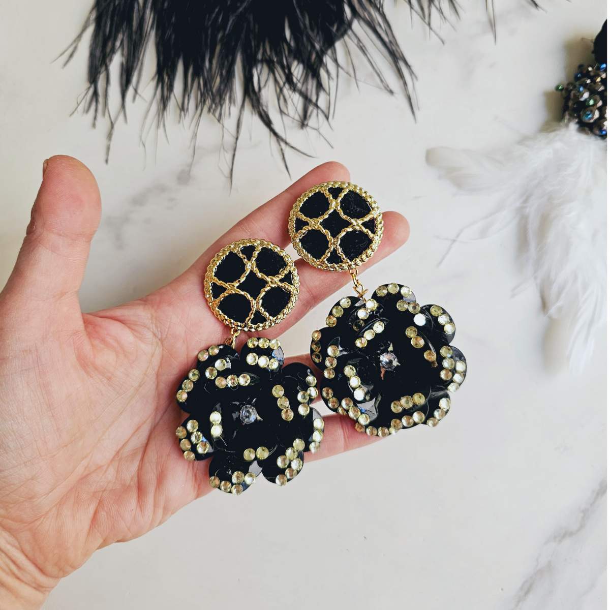 Ciara Black Flower Acrylic Double Earrings