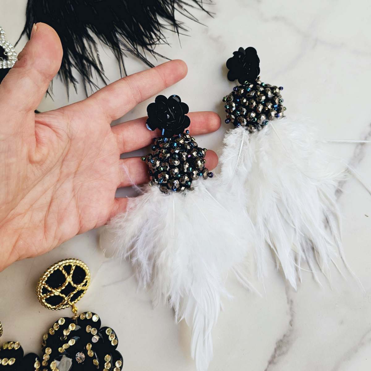 Lorenza Earrings White Feathers Maxi Earrings