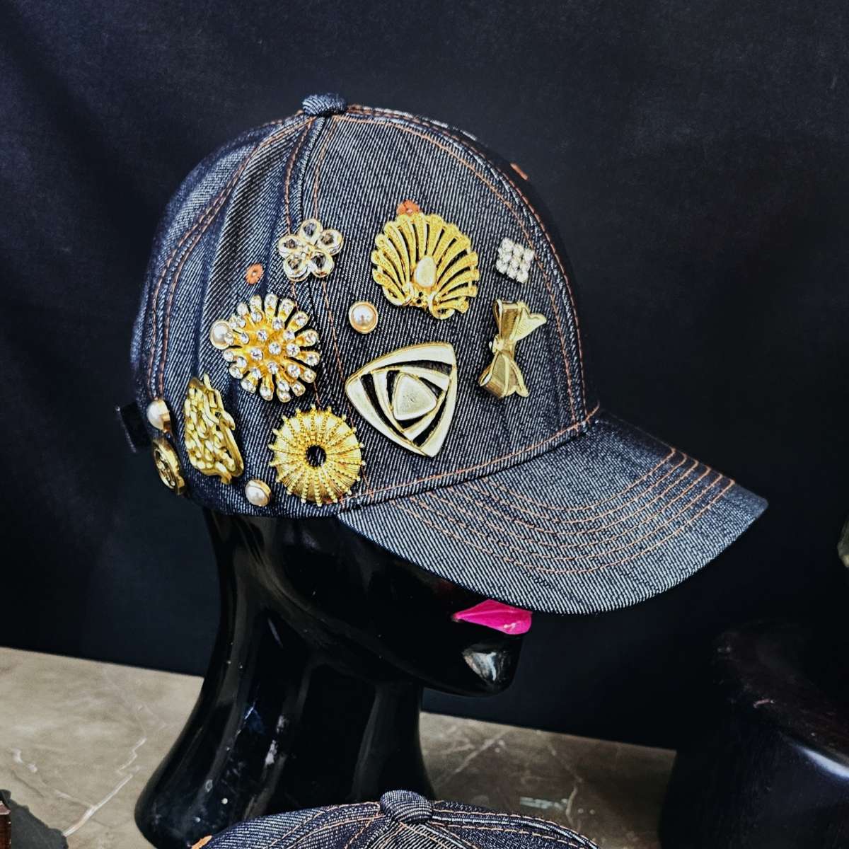 Navy Blue Denim Cap with Medallions