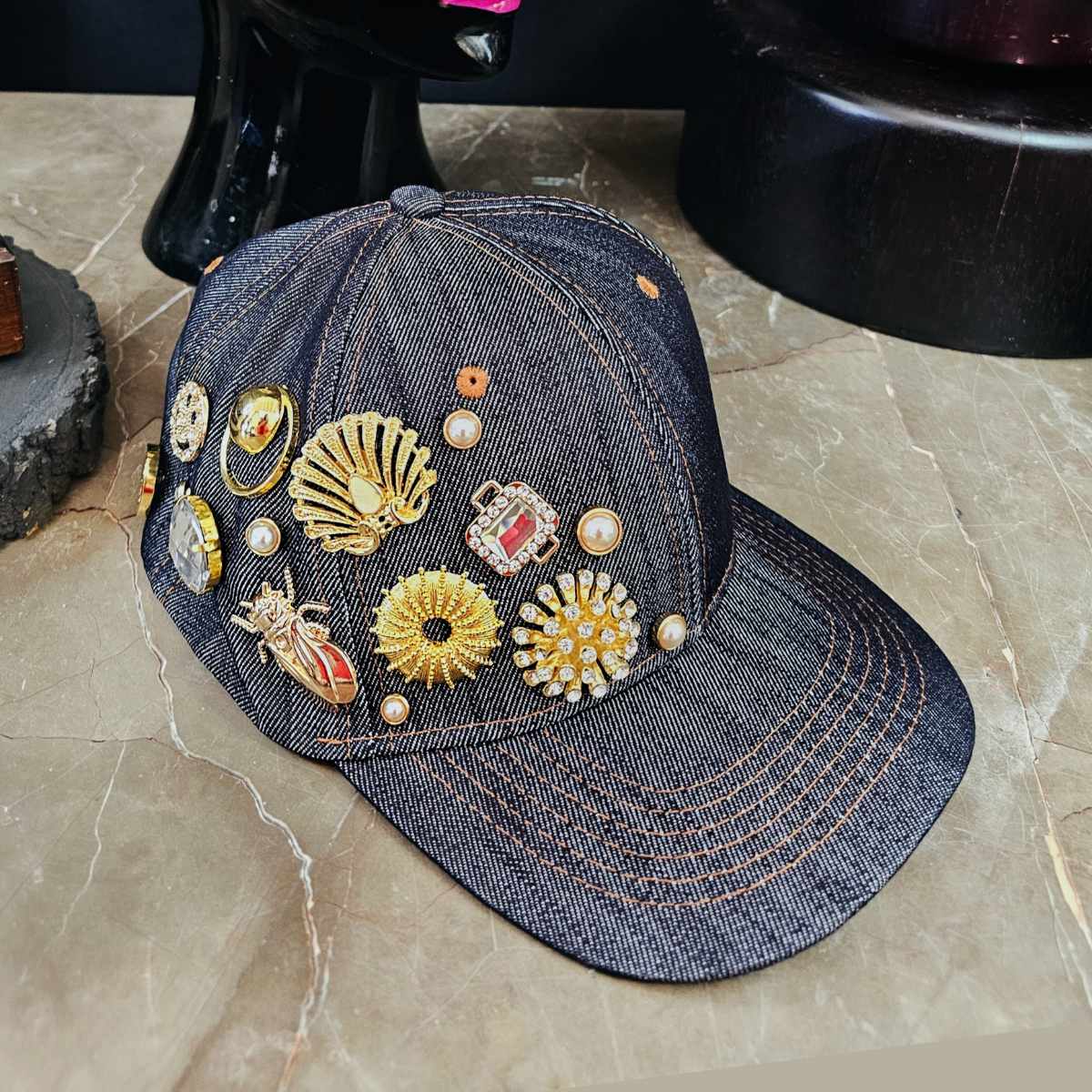 Navy Blue Denim Cap with Medallions