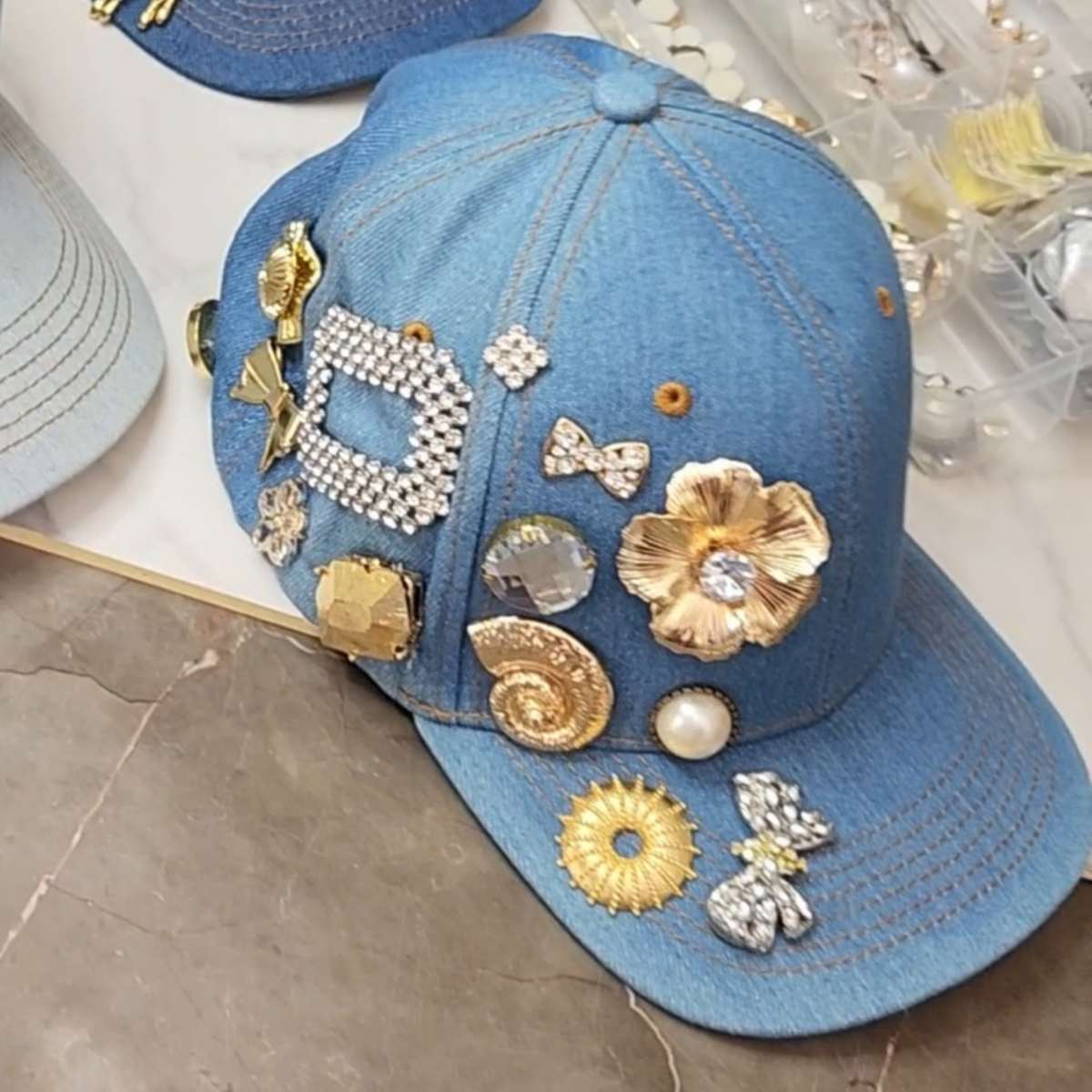 Light Blue Denim Cap with Medallions