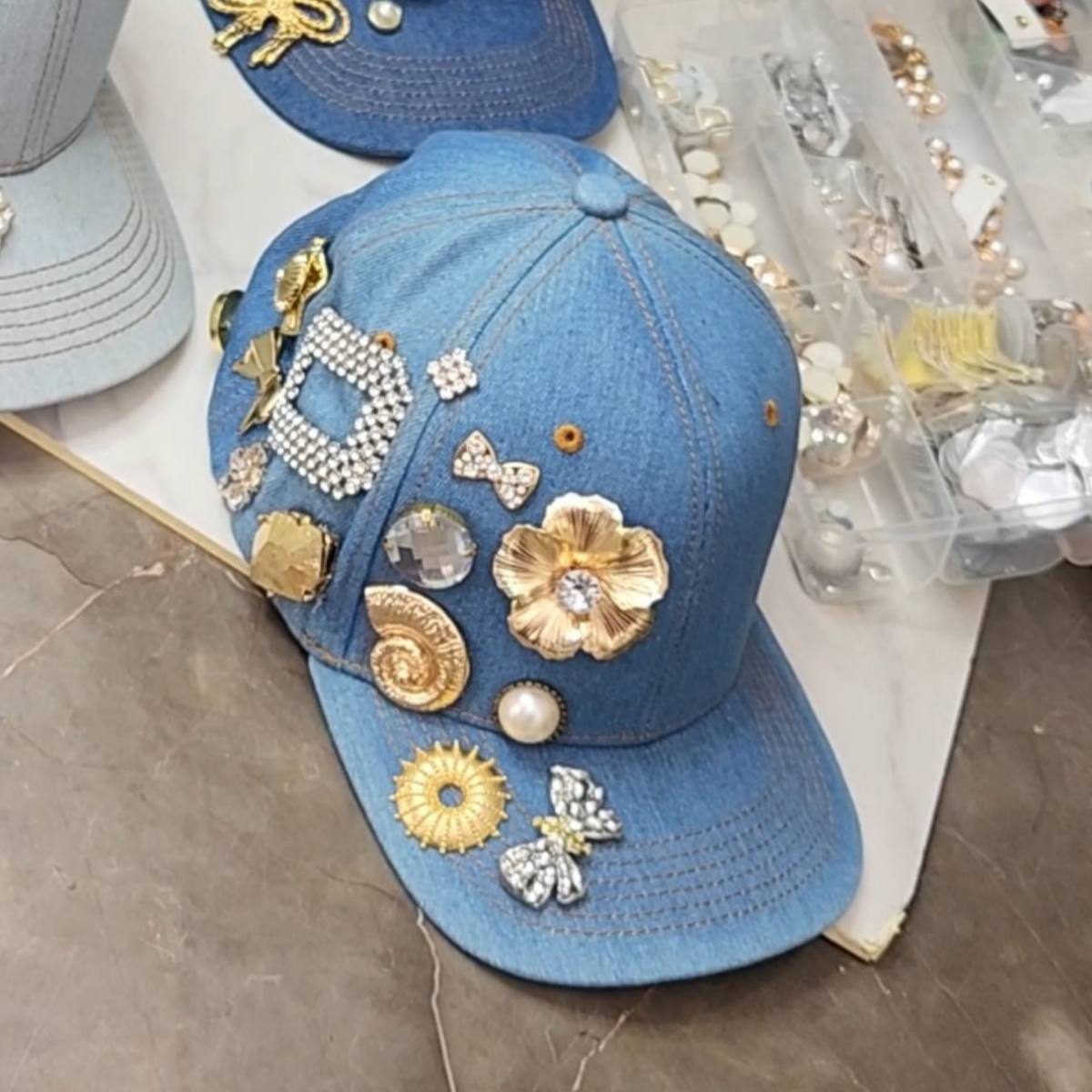 Light Blue Denim Cap with Medallions