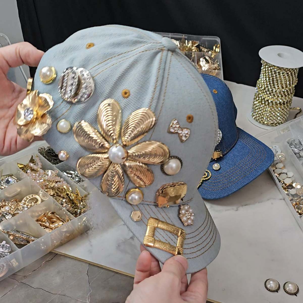 Light Blue Denim Cap with Medallions