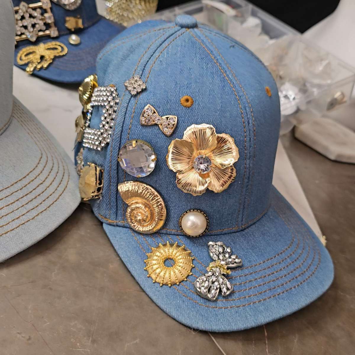 Light Blue Denim Cap with Medallions