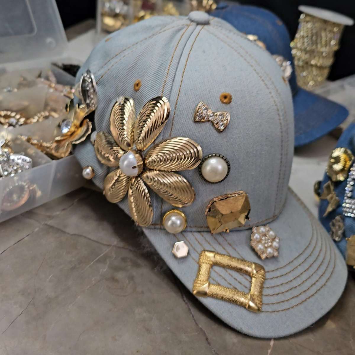 Light Blue Denim Cap with Medallions