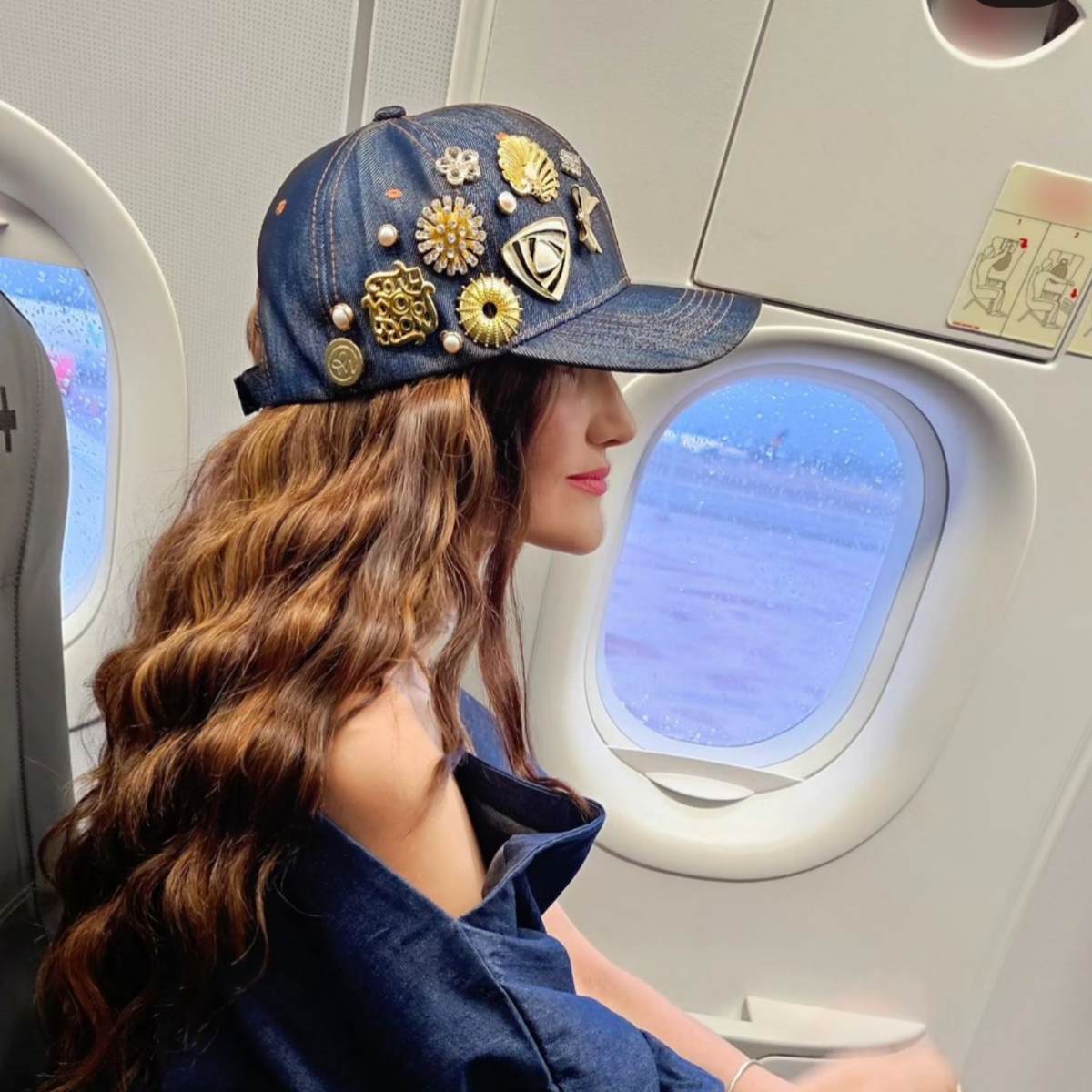 Navy Blue Denim Cap with Medallions