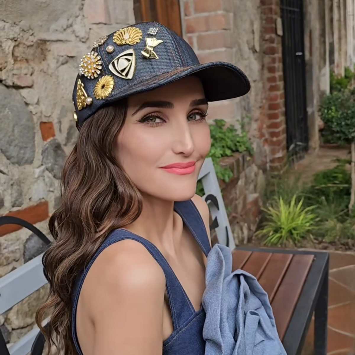 Navy Blue Denim Cap with Medallions