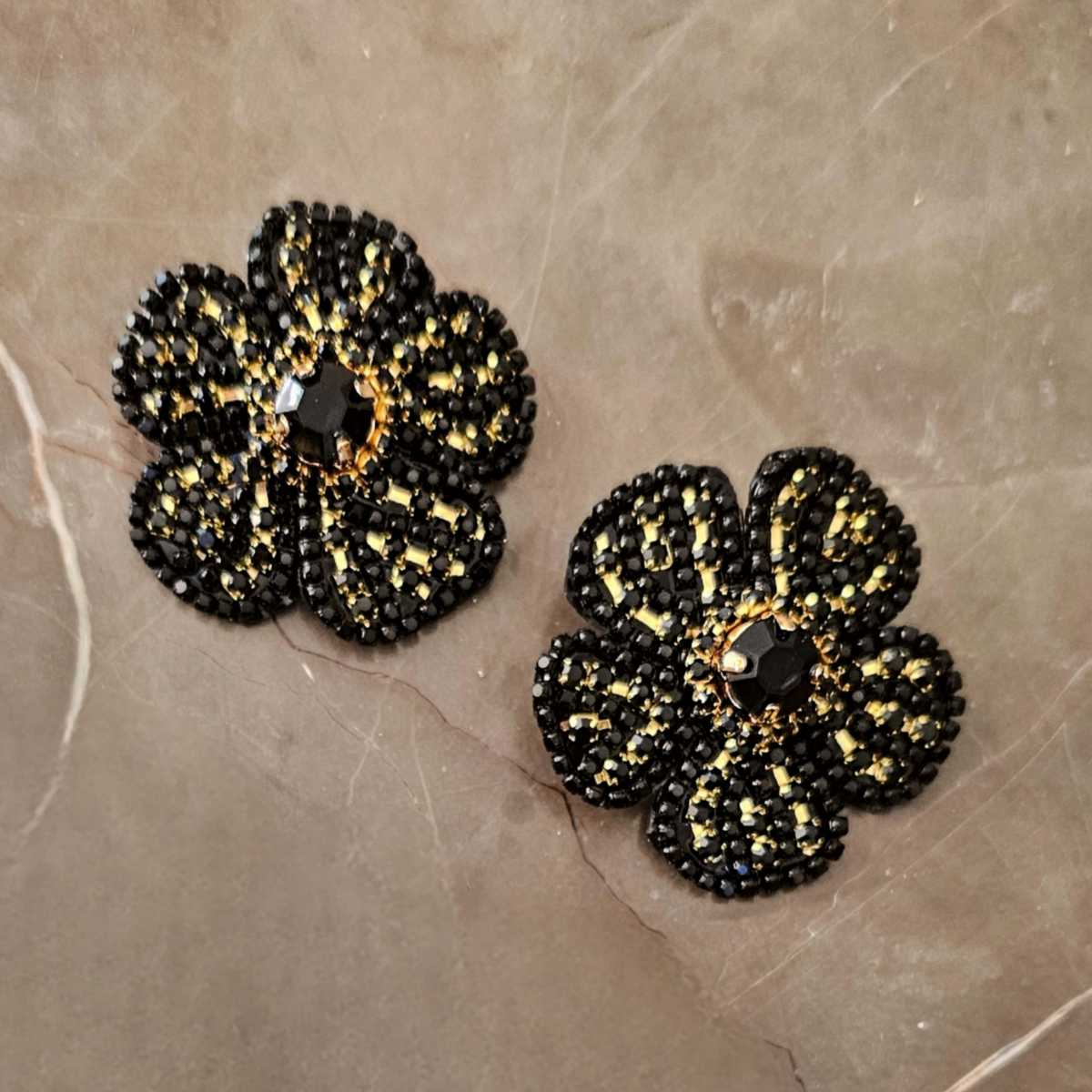 Black Colored Crystal Flower Earrings