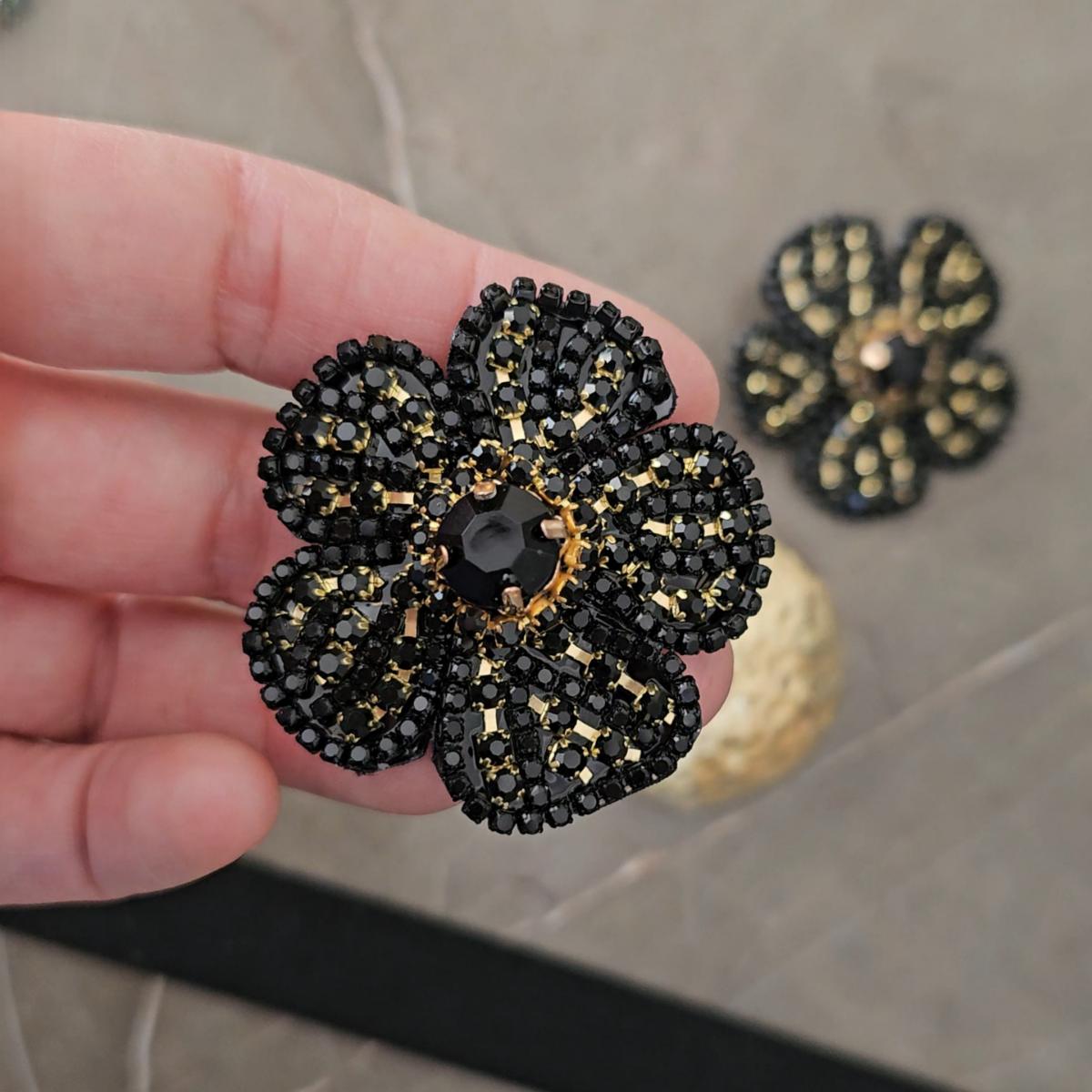 Black Colored Crystal Flower Earrings