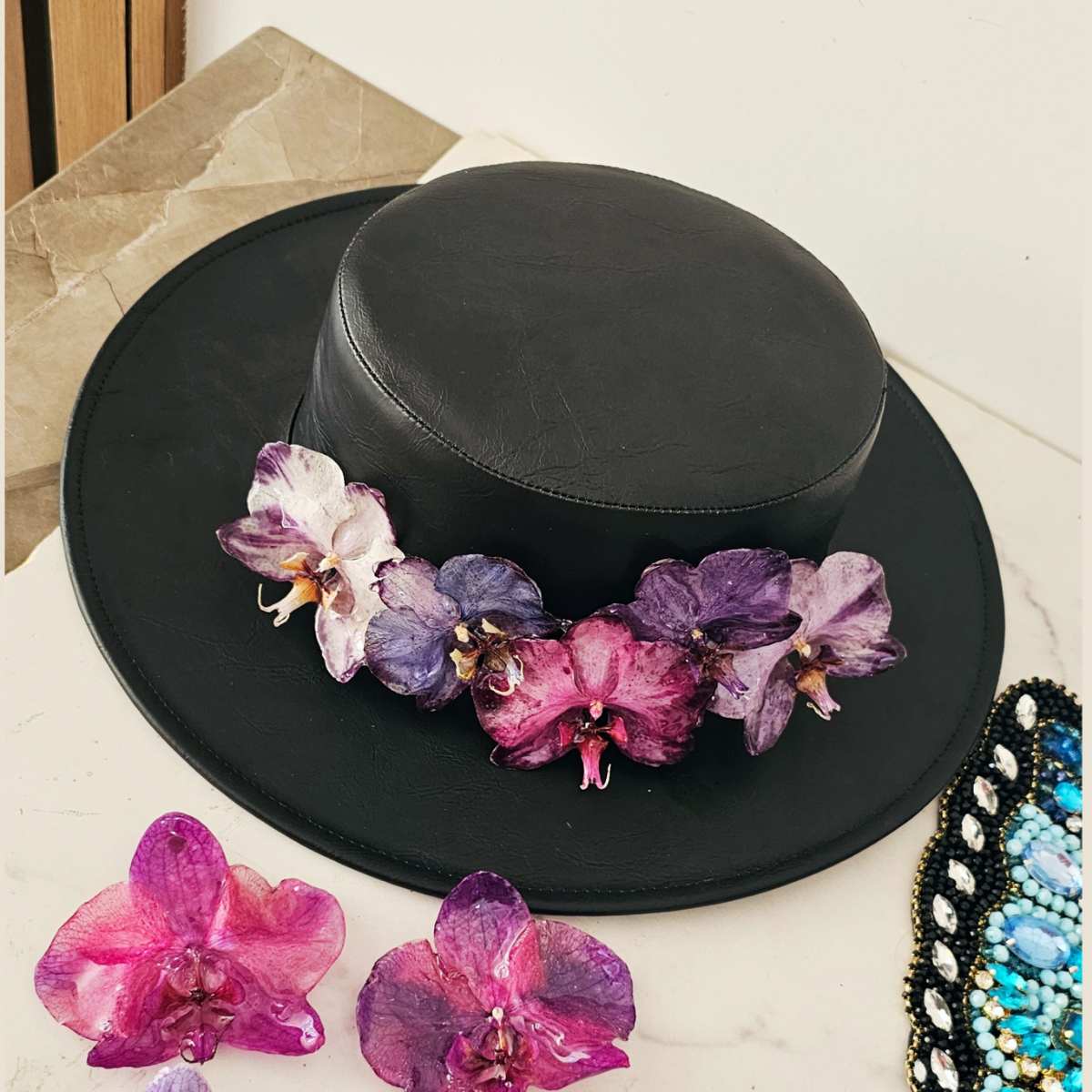 Black Royal Orchids Hat