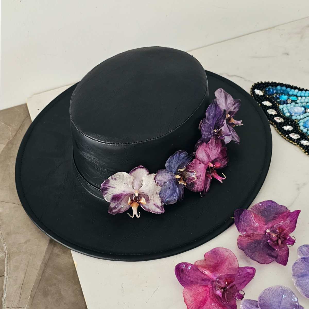 Black Royal Orchids Hat