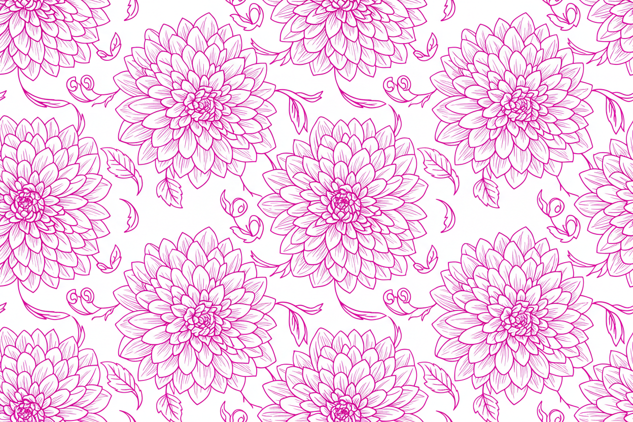 Fondo de un patrón de dalias dibujadas en magenta 100% y fonfo blanco.